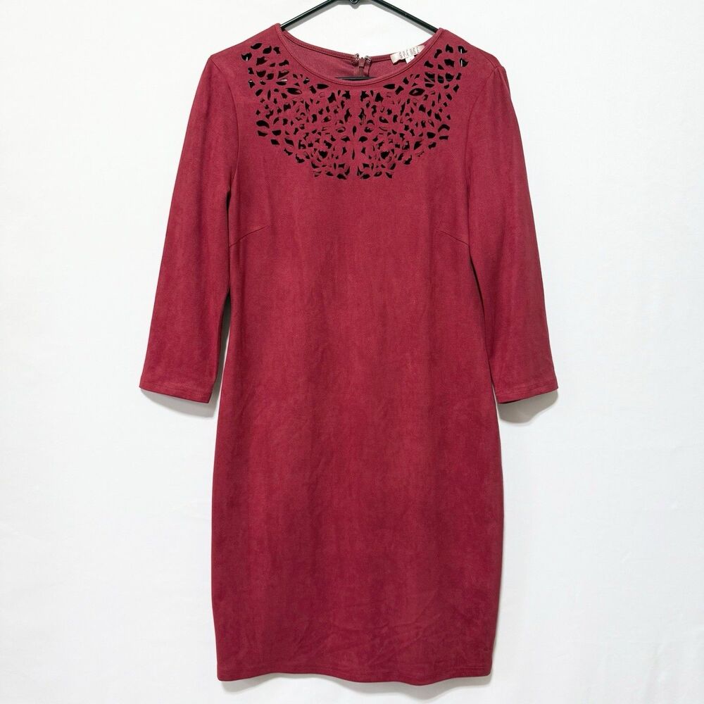 Spendse Womens 8 Red Faux Suede Laser Cutout Sheath Dress 3/4 Sleeve Holiday